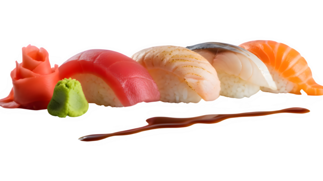 Assorted Nigiri Sushi with Ginger and Wasabi on Transparent Background - Powered by Adobe