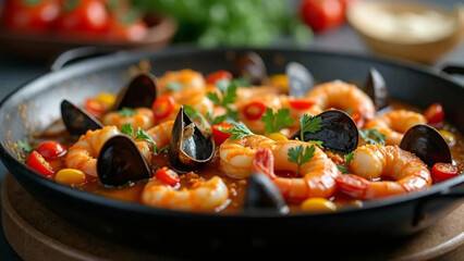 Spanish paella with mussels, shrimps and vegetables. 
