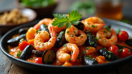 Spanish paella with mussels, shrimps and vegetables. 