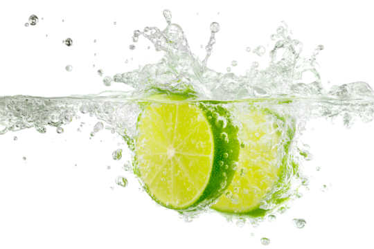Two fresh lime slices splash upon hitting the water isolated on white background