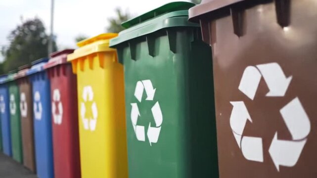 Row of Colorful Recycling Bins with Recycling Symbol Outdoors in Daylight for Environmental Waste Management and Eco