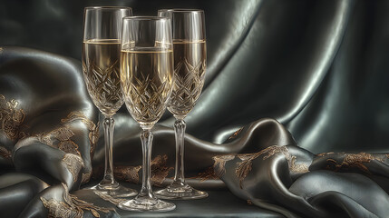 Elegant champagne flutes stacked artistically, softly illuminated on a luxurious dark background