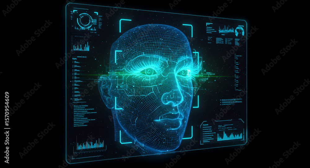 Aufkleber woman's face glowing with data and digital information. artificial intelligence concept for biometri
