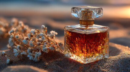 Luxurious amber perfume bottle stylishly displayed atop softly illuminated sand dunes
