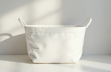 White canvas storage basket mockup with soft shadows, styled in a modern room, no text or graphic, ready for customization