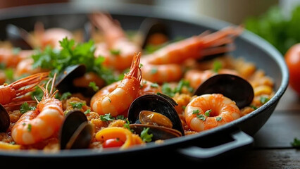 Spanish paella with mussels, shrimps and vegetables. 