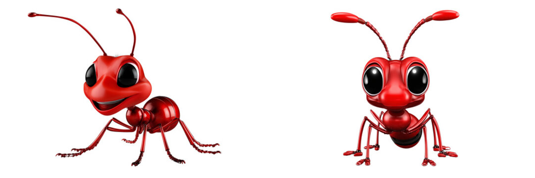 Set of a 3D cartoon red ant, isolated on a transparent background.
