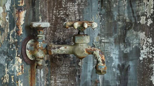 A close-up shot of an old rusty faucet with a spigot attached, suitable for use in scenes depicting decay or neglect