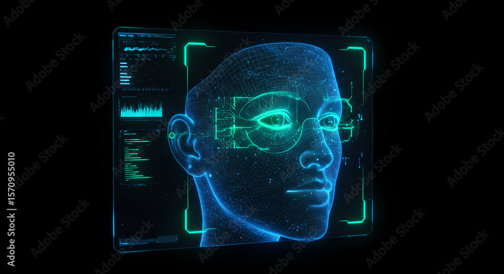 Poster digital wireframe of a male head on a futuristic screen with data interface. artificial intelligence