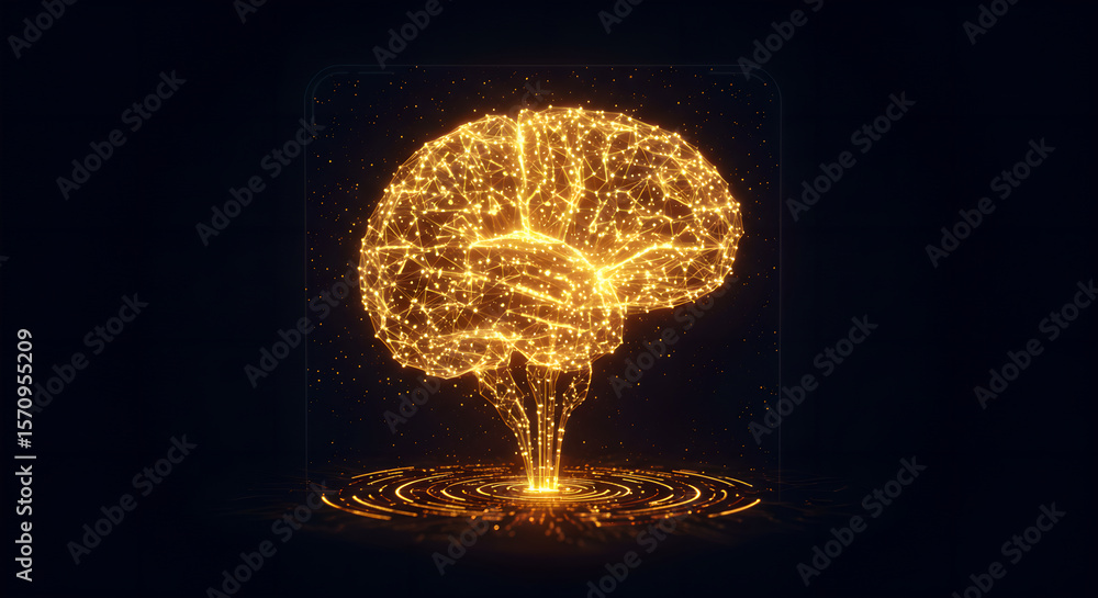 Poster human brain made of glowing particles and lines. artificial intelligence, neural network and computi