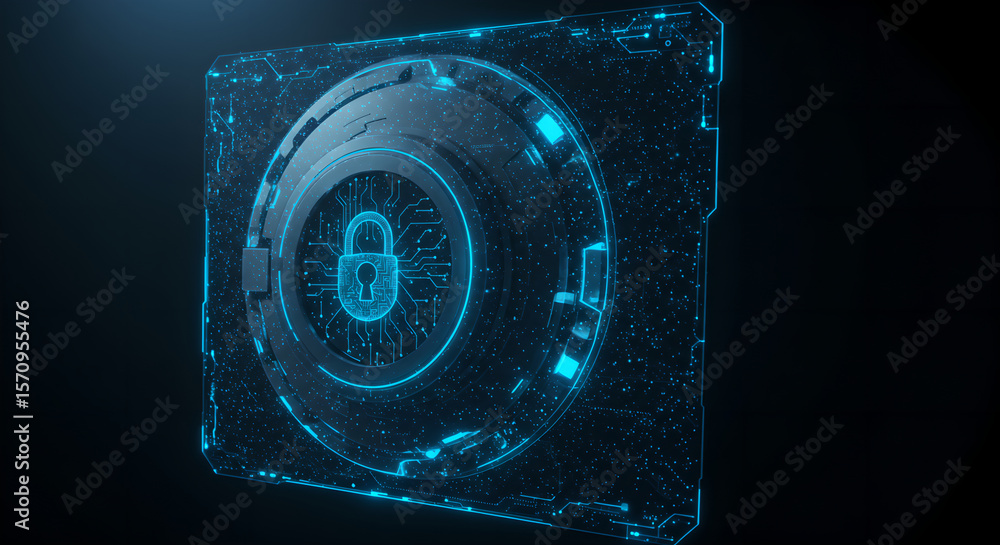 Poster digital padlock with glowing circuit lines. cybersecurity concept for data protection and secure onl