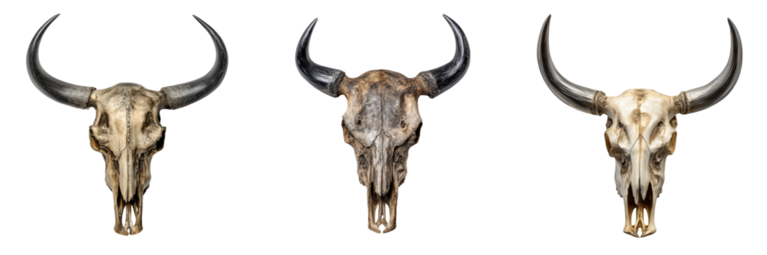 Set of a bull skull with horns, isolated on a transparent background. - Powered by Adobe