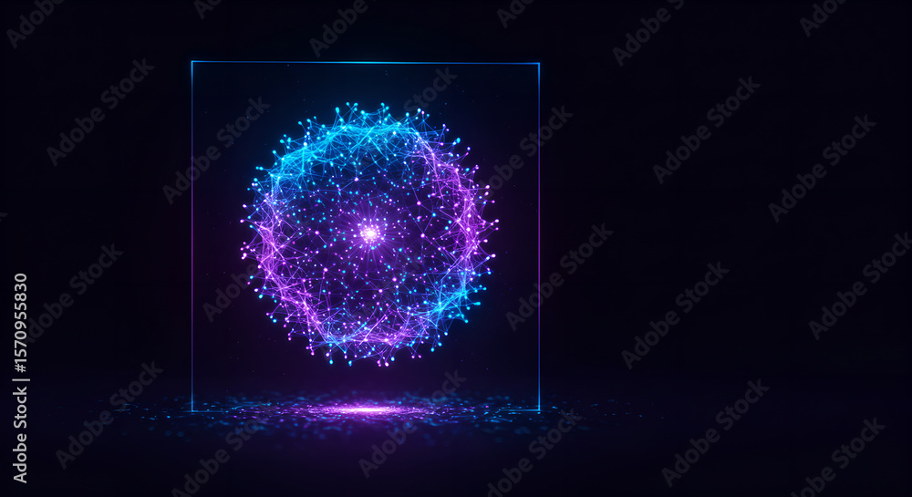 Poster luminous abstract sphere with connected dots inside a glowing cube. digital network technology conce