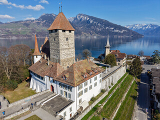 Drone view at the fort of Spiez on lake Thun in Switzerland