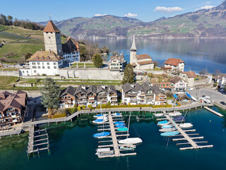 Drone view at the fort of Spiez on lake Thun in Switzerland