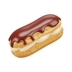 A single éclair pastry filled with cream and topped with chocolate glaze, isolated on a white background.