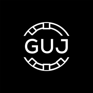 GUJ Creative Letter mark Badge Logo Design, GUJ Later Logo, Geometric Monogram Logo on Black Background, GUJ  Later Logo, Contemporary Minimal Logo for Business Identity.
