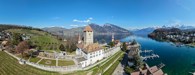 Drone view at the fort of Spiez on lake Thun in Switzerland
