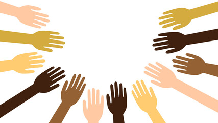 中心の空間に向かって伸びたいろんな肌色の手のイラスト