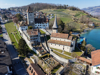 Drone view at the fort of Spiez on lake Thun in Switzerland