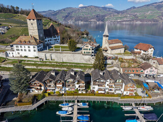 Drone view at the fort of Spiez on lake Thun in Switzerland