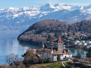 Drone view at the fort of Spiez on lake Thun in Switzerland