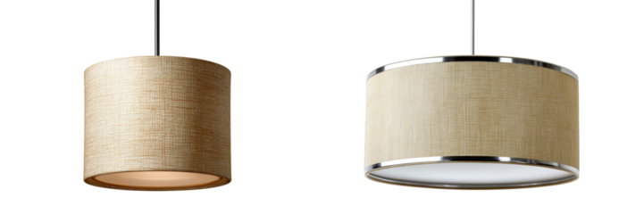 Set of a modern pendant light with a beige fabric shade, isolated on a transparent background.