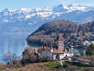 Drone view at the fort of Spiez on lake Thun in Switzerland