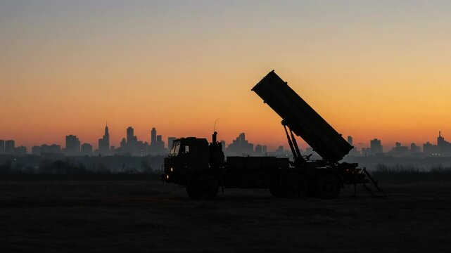A missile defense system on a truck stands against a city skyline at sunrise