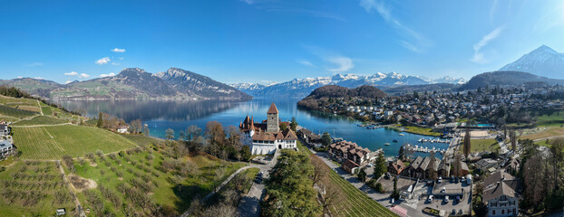 Drone view at the fort of Spiez on lake Thun in Switzerland
