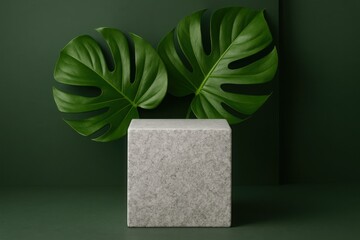Modern Stone Podium with Green Leaves in Natural Minimal Botanical Display Scene