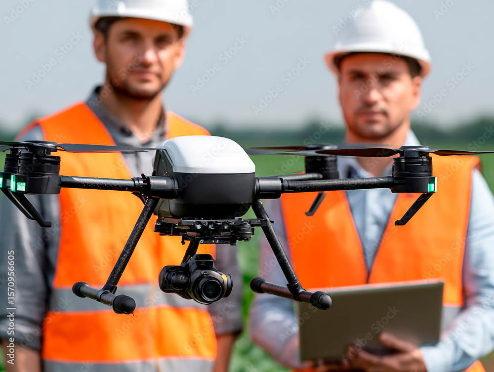Poster black and white drone with dual camera hovering above green crop field while two engineers in orange