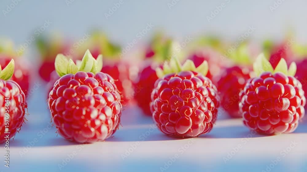 Poster A cluster of fresh raspberries placed on a table surface, ready to be consumed or used in a recipe