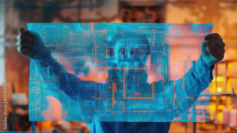 Poster a person holds up a blueprint in front of their face, for reference or as a shield
