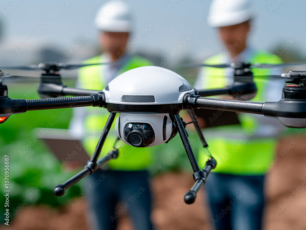 Poster white agricultural drone with camera hovering above crop field while two engineers in safety vests a