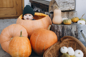Sweet baby boy playing in big pumpkin at front door with autumn rustic decor. Happy halloween and Thanksgiving. Cute little child in cozy sweater sitting with pumpkins on porch