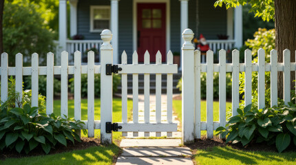 White Wooden Picket Man Gate of a Suburban Home — Waist-High Wooden Fence Gate with Classic Design