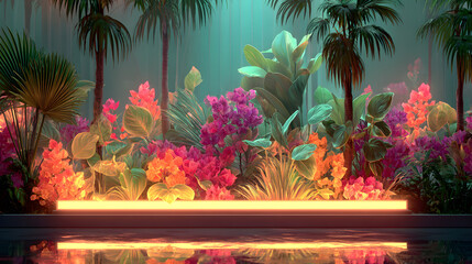 Glowing Neon Lights on Dark Background with Tropical Plants