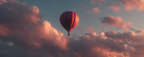 a view looking up at a hot air balloon floating up into a beautiful pink dawn sky hyper real aesthetic with a wide lens cinematic look the balloon is in silhouette