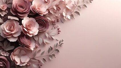 Soft pink and dusty rose paper flowers and leaves border on a pale pink background