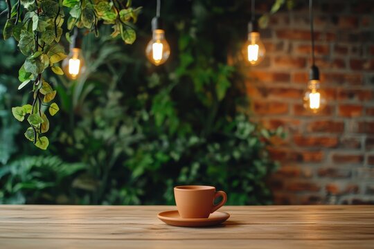 Terracotta coffee cup on a wooden table with lush greenery and warm lighting.