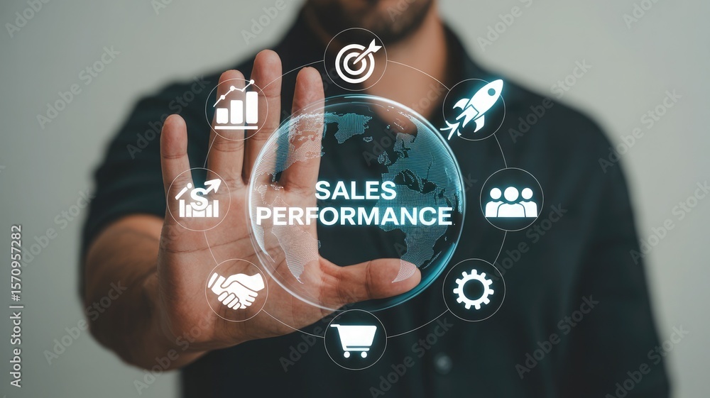 Poster man s hand touching a glowing digital globe displaying sales performance surrounded by business grow