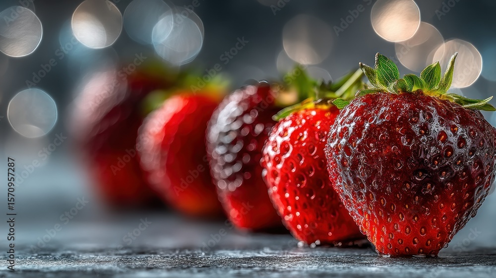 Aufkleber row of red strawberries against soft bokeh background