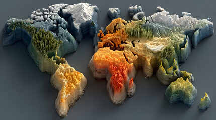 Sleek, modern 3D-rendered world map infographic artistically color-coded and clearly defined