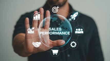 Man s hand touching a glowing digital globe displaying sales performance surrounded by business growth icons and global network connections