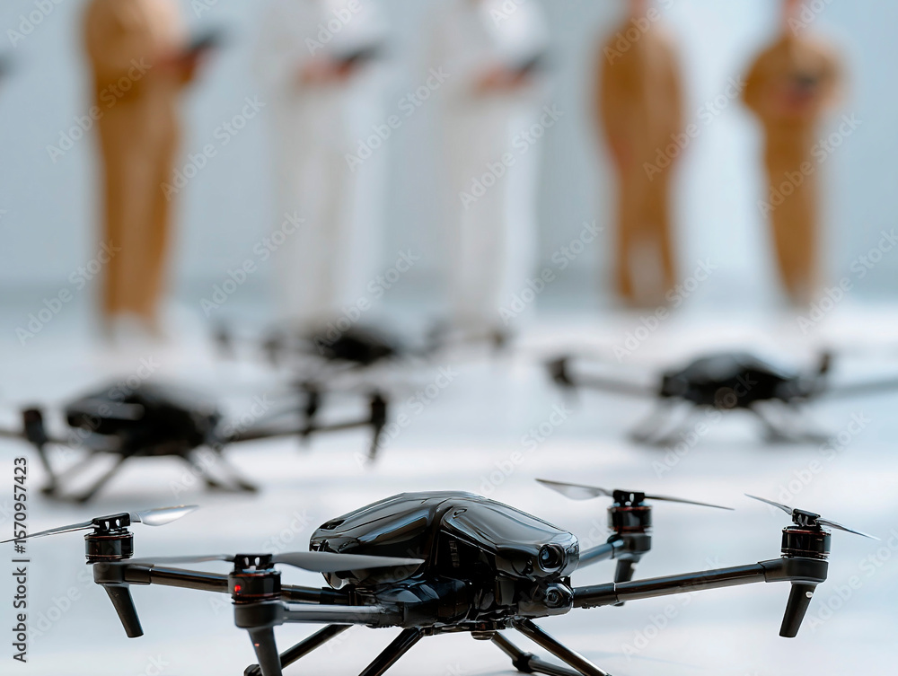 Poster multiple black quadcopter drones arranged on glossy white floor with uniformed technicians standing 