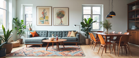 Stylish Retro-Inspired Open-Plan Living and Dining Area with Mid-Century Modern Aesthetic