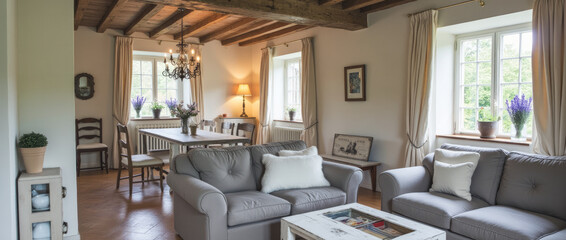 Rustic Yet Refined Open-Plan Living and Dining Area with Distressed Wood Beams and Soft Pastel Tones