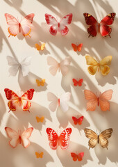 Aesthetic display of colorful butterflies. Artistic composition with vibrant colors, creating a visually pleasing and decorative background.