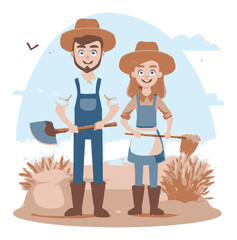 Cartoon Farmers with Tools in a Flat Vector Style Landscape Illustration